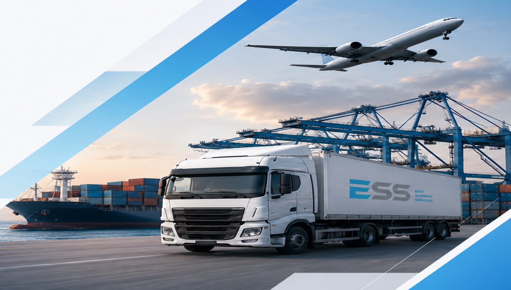 ESS truck at a container port with a cargo ship and freight aircraft