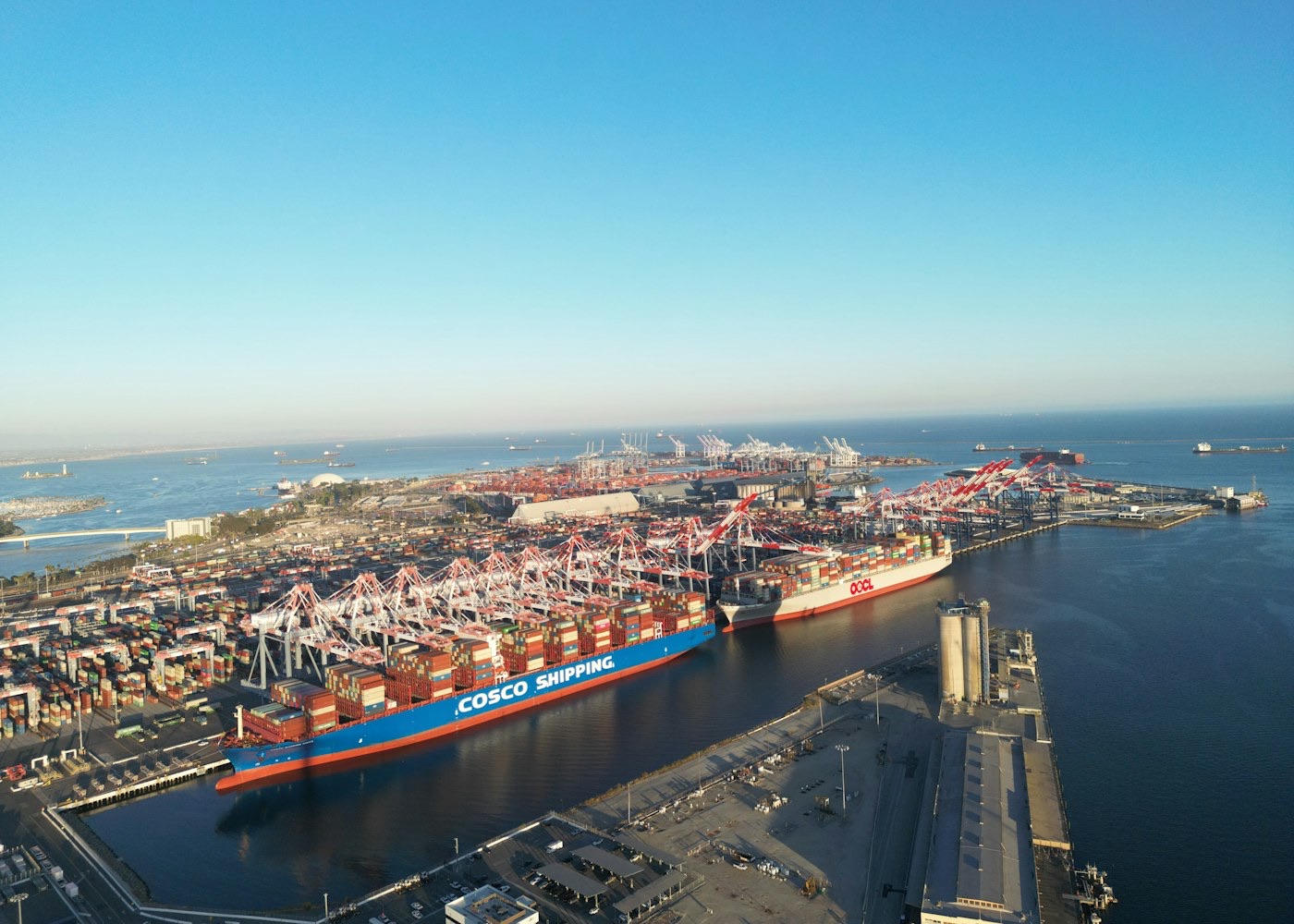 A container ship berthed at a container terminal